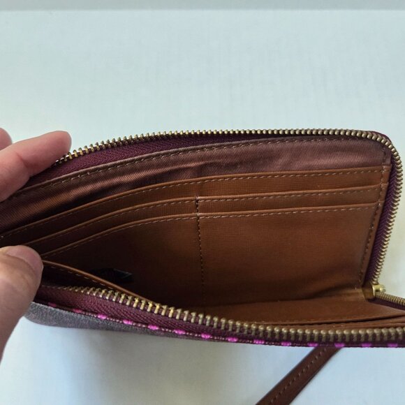 Fossil Wallet Wristlet Purple Pink Polka Dot Zip Around PVC Leather Boho Travel - Picture 5 of 8